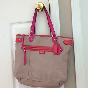 Coach leather purse tote bag tri colored pink orange and tan